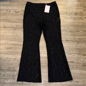 Avec Les Filles Black Sheer Lace Flare Pants High Rise Wide Leg NWT L